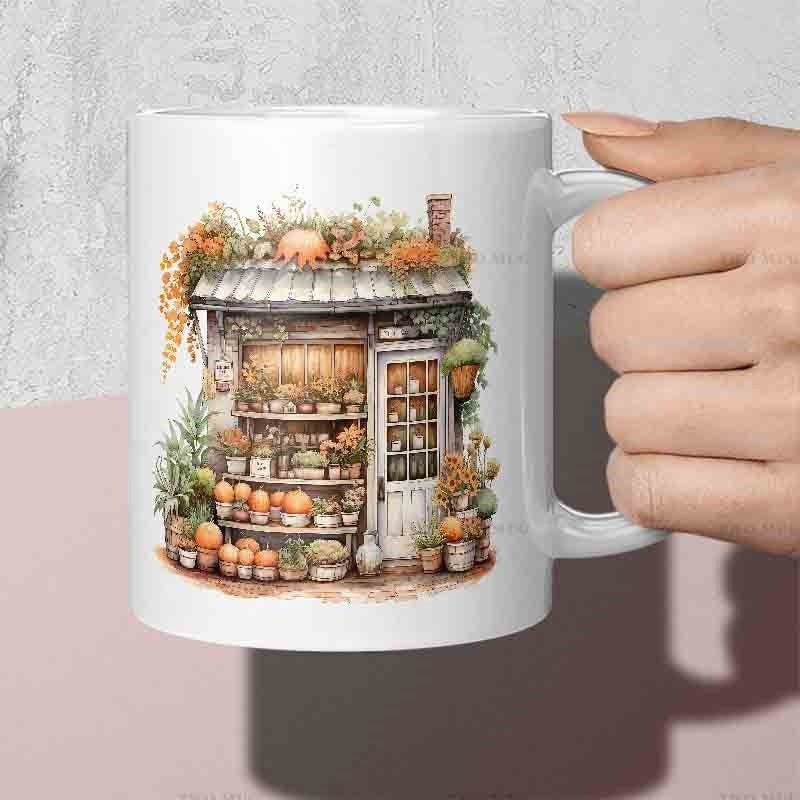 Tailorly White Ceramic 11 oz Mug - Cozy Vintage Autumnal Boutique With Ripe Pumpkins And Blooming Plants Storefront