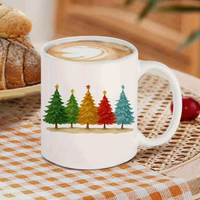 Tailorly White Ceramic 11 oz Mug - Colorful Watercolor Trees Standing In A Row Under Festive Holiday Stars Christmas Tree
