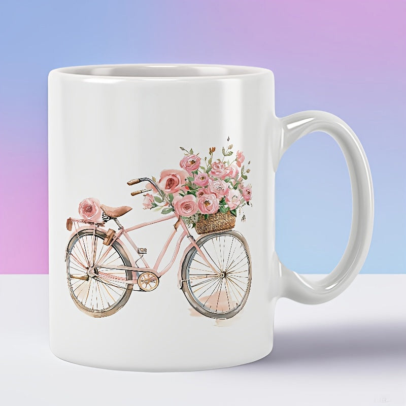Tailorly White Ceramic 11 oz Mug - Vintage Pink Frame Carrying Beautiful Blooming Rose Flowers Inside Wicker Basket Bicycle