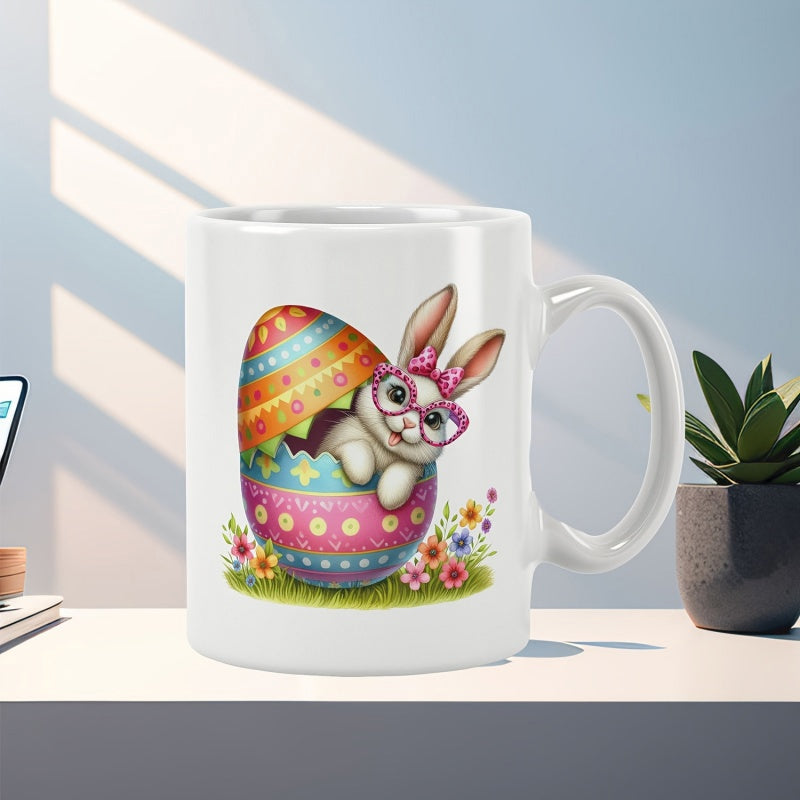 Tailorly White Ceramic 11 oz Mug - Adorable Cartoon Easter Bunny Peekaboo From Colorful Decorated Eggshell Among Flowers Rabbit