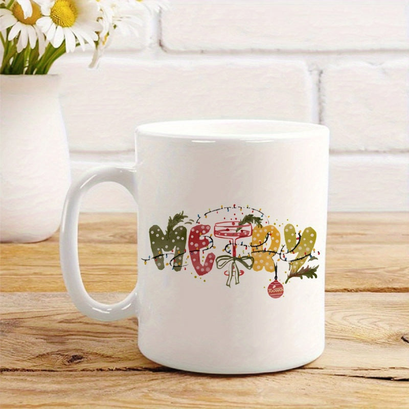 Tailorly White Ceramic 11 oz Mug - Merry Colorful Artistic Letters Surrounded By Festive Christmas Holly Ornaments And Vines Mug
