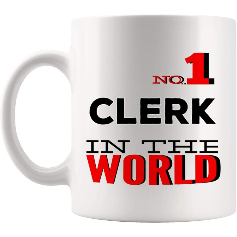 Tailorly White Ceramic 11 oz Mug - No 1 Clerk In The World Bold Blocky Typography Featuring Red And Black Decorative Stylized Sign
