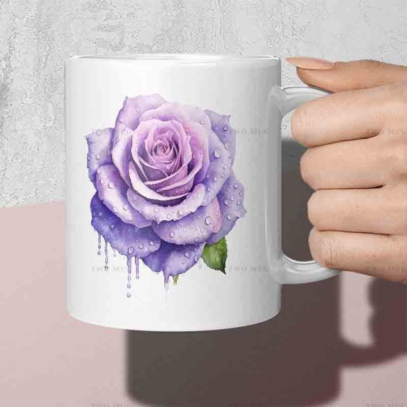 Tailorly White Ceramic 11 oz Mug - Elegant Purple Petals With Glistening Dew Drops And Artistic Melting Details Rose