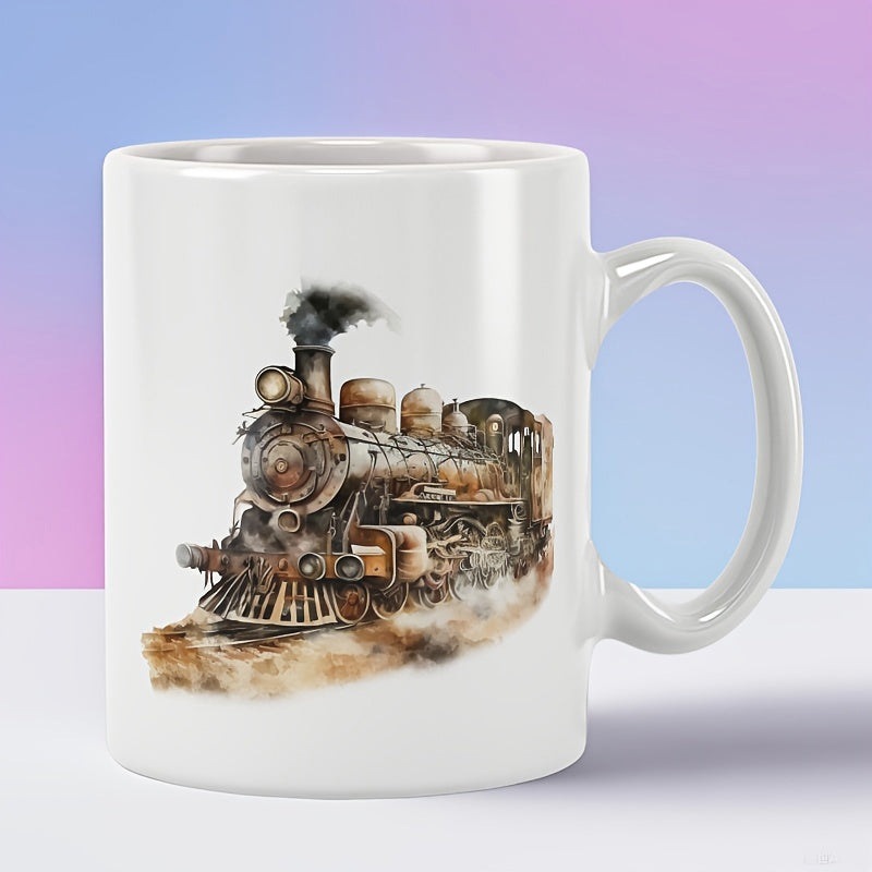 Tailorly White Ceramic 11 oz Mug - Vintage Antique Steam Engine Emitting Dark Smoke Over Ground Track Train