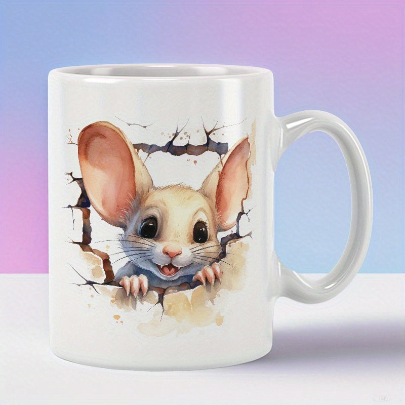 Tailorly White Ceramic 11 oz Mug - Cute Watercolor Style Mouse Peeking From Within A Cracked White Stone Wall Mouse