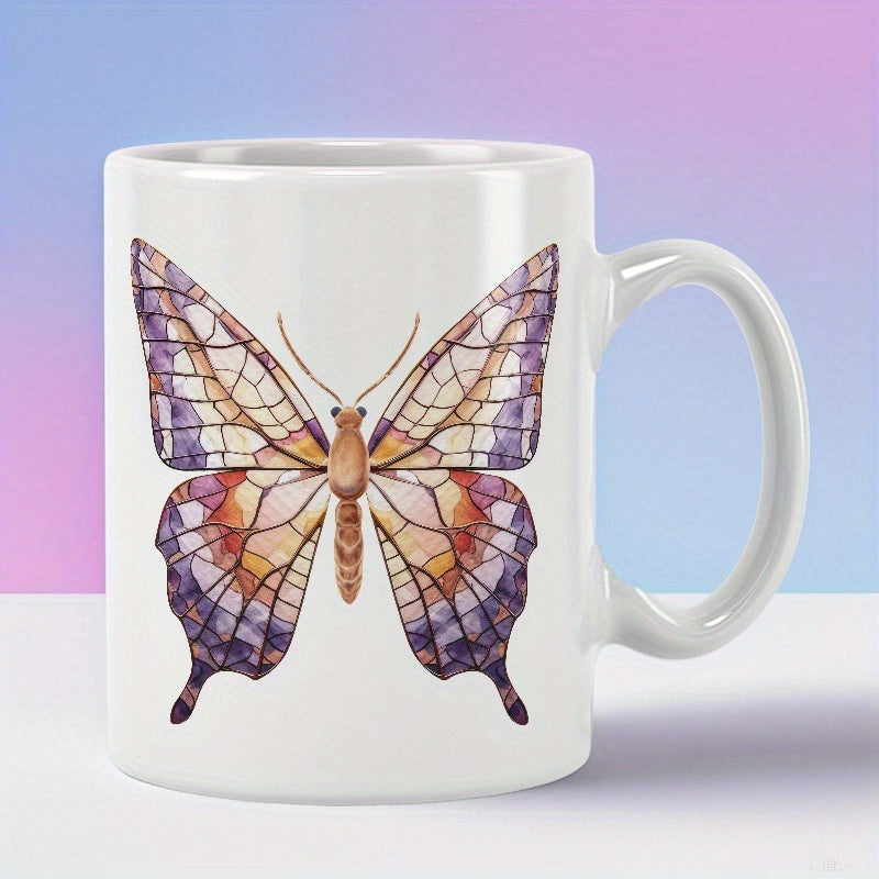Tailorly White Ceramic 11 oz Mug - Elegant Watercolor Stained Glass Wings With Earthy Tones Intricate Butterfly