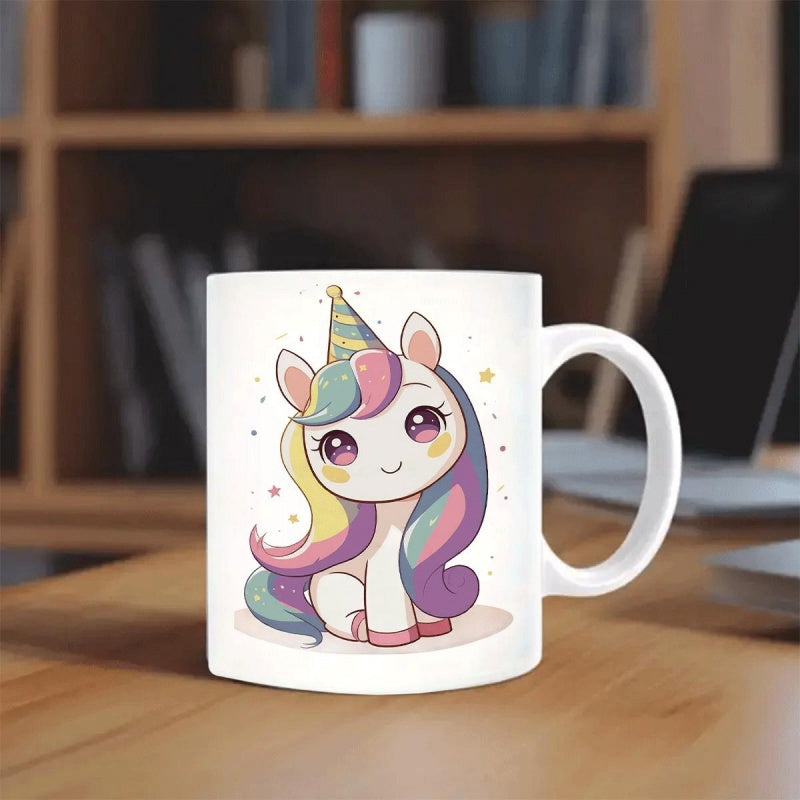 Tailorly White Ceramic 11 oz Mug - Cute Cartoon Pastel Rainbow Mane With Party Hat Among Stars Unicorn
