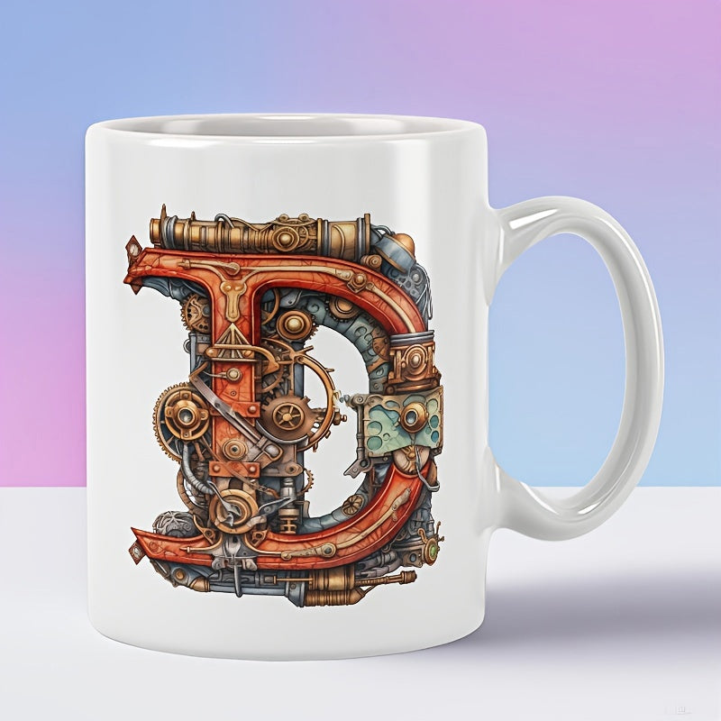Tailorly White Ceramic 11 oz Mug - D Mechanical Steampunk Style With Ornate Copper Gears And Industrial Pipes Letter D