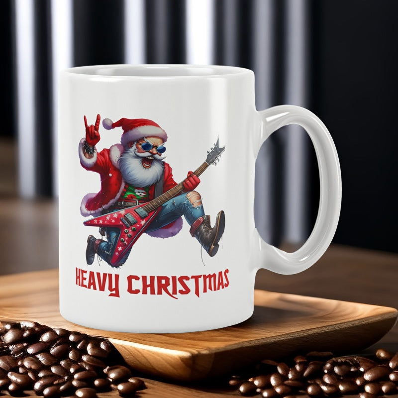 Tailorly White Ceramic 11 oz Mug - Heavy Christmas Rocking Santa Playing Electric Guitar With Cool Sunglasses Santa