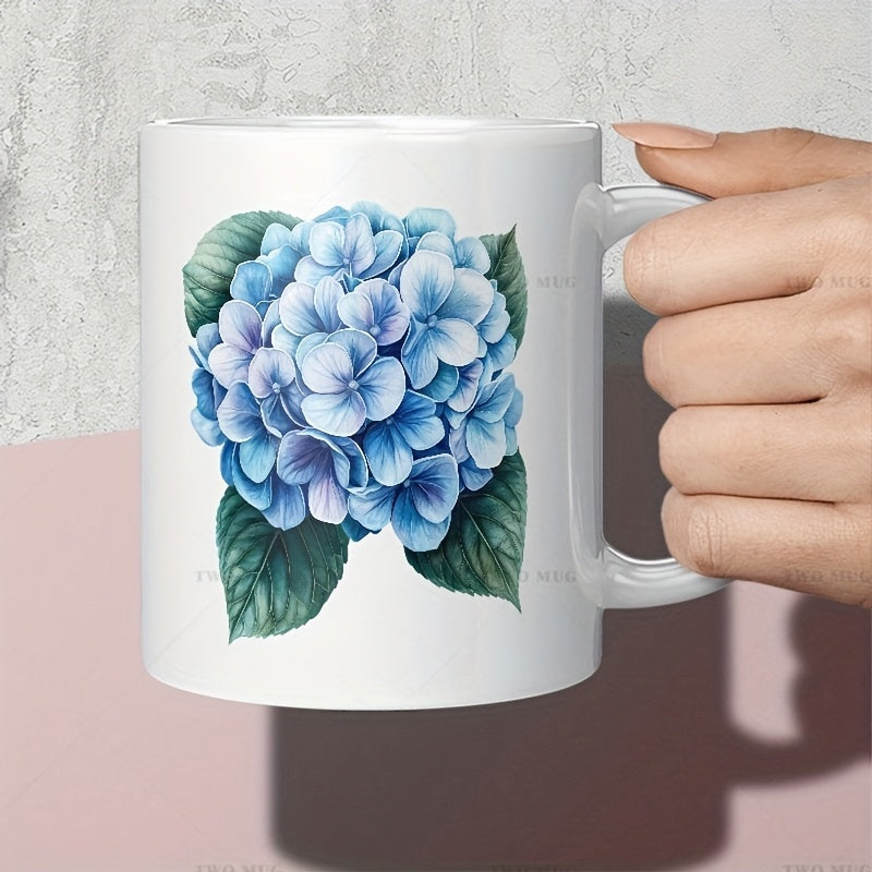 Tailorly White Ceramic 11 oz Mug - Elegant Blooming Blue Flowers Among Vibrant Lush Green Botanical Leaves Hydrangea
