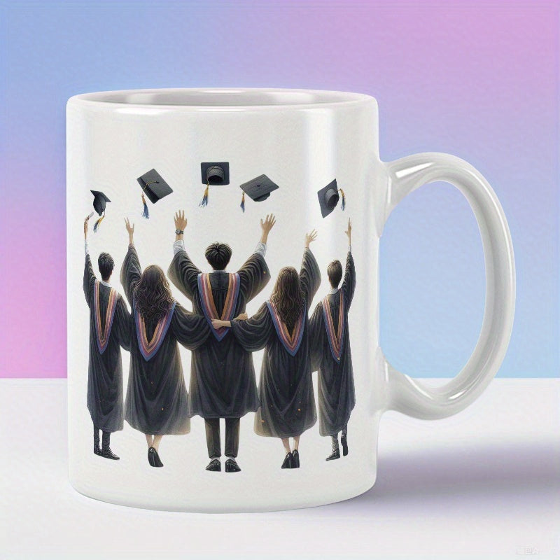 Tailorly White Ceramic 11 oz Mug - Joyful Students Throwing Black Tasselled Caps Celebrating Milestone Success Among Friends Graduates