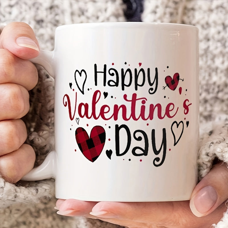 Tailorly White Ceramic 11 oz Mug - Happy Valentines Day Rustic Red Buffalo Plaid Pattern With Charming Script Greetings Decorative Heart
