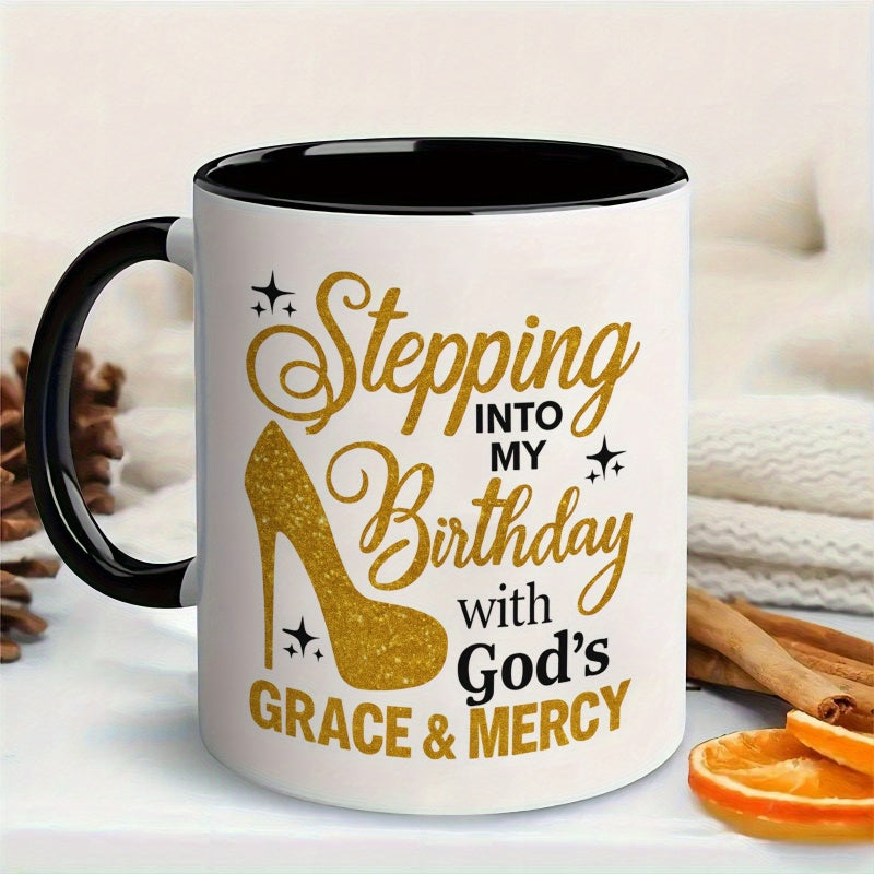 Tailorly Black Accent 11 oz Mug - golden high heel stepping into my birthday