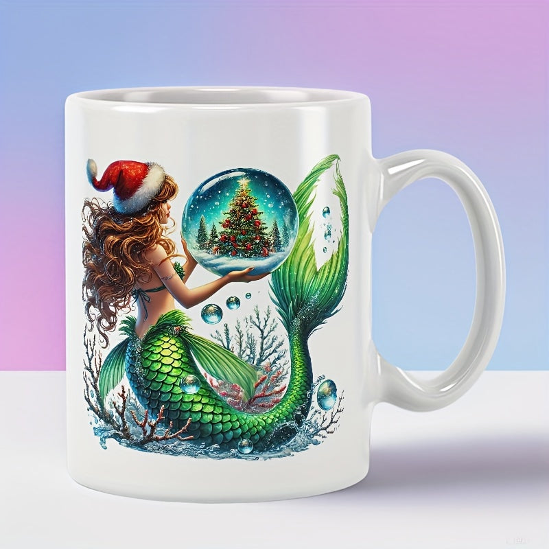 Tailorly White Ceramic 11 oz Mug - Festive Christmas Fantasy With Sea Maiden Holding Glowing Winter Snow Globe Mermaid