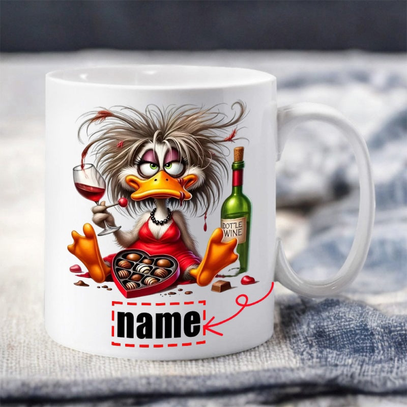 Tailorly White Ceramic 11 oz Mug - Name Funny Messy Haired Character With Red Wine And Heart Chocolates Duck