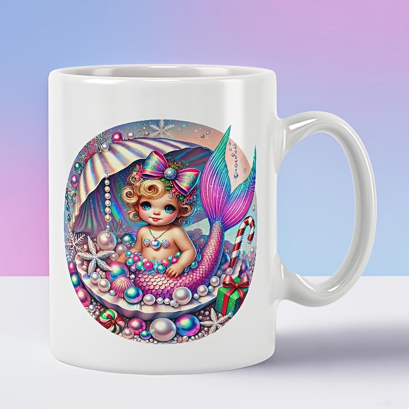Tailorly White Ceramic 11 oz Mug - Festive Little Mermaid With Pink Tail Inside Shell Among Glowing Pearls Mermaid