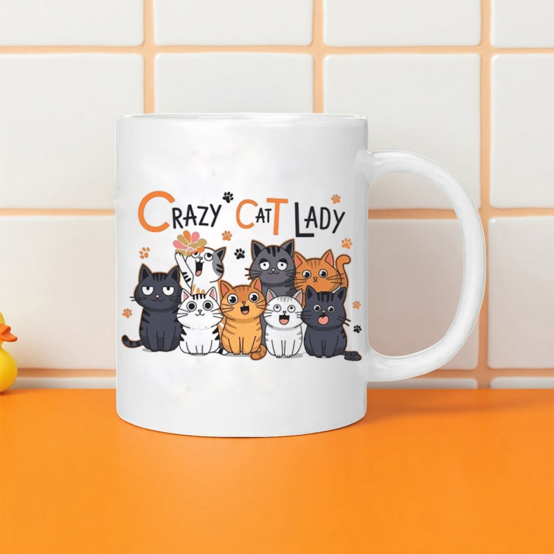 Tailorly White Ceramic 11 oz Mug - Crazy Cat Lady Adorable Cartoon Kittens With Diverse Playful Expressions Sitting Together In Harmony Kittens