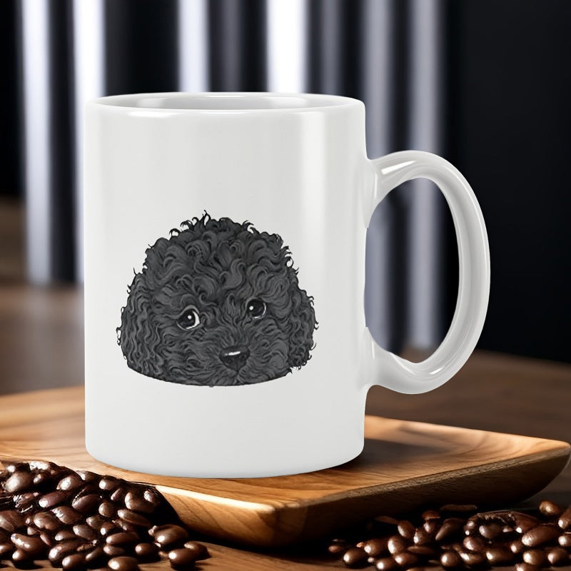 Tailorly White Ceramic 11 oz Mug - Cute Black Curly Furry Poodle Face Printed On A Minimalist Ceramic Mug