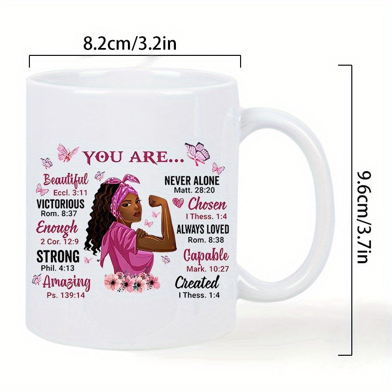 Tailorly White Ceramic 11 oz Mug - You Are Beautiful Victorious Strong Amazing Empowered Black Woman Wearing Pink Headband With Butterflies Woman