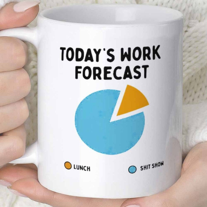 Tailorly White Ceramic 11 oz Mug - Todays Work Forecast Lunch Shit Show Simple Blue And Yellow Data Visualization Showing Funny Daily Routine Pie Chart