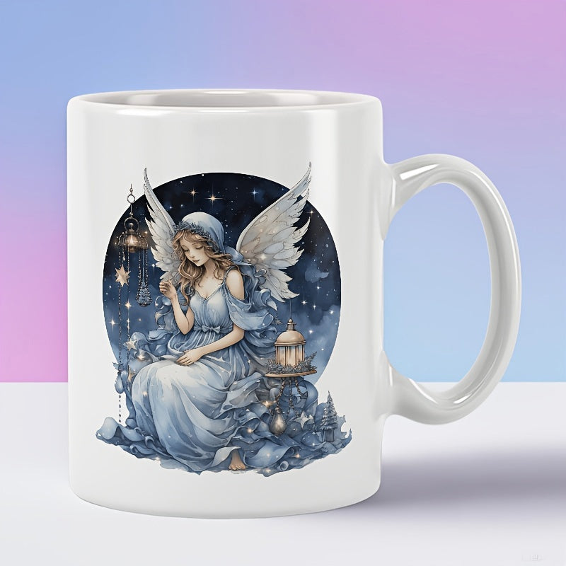 Tailorly White Ceramic 11 oz Mug - Celestial Night Sky With Glowing Lantern And Sitting Ethereal Blue Angel