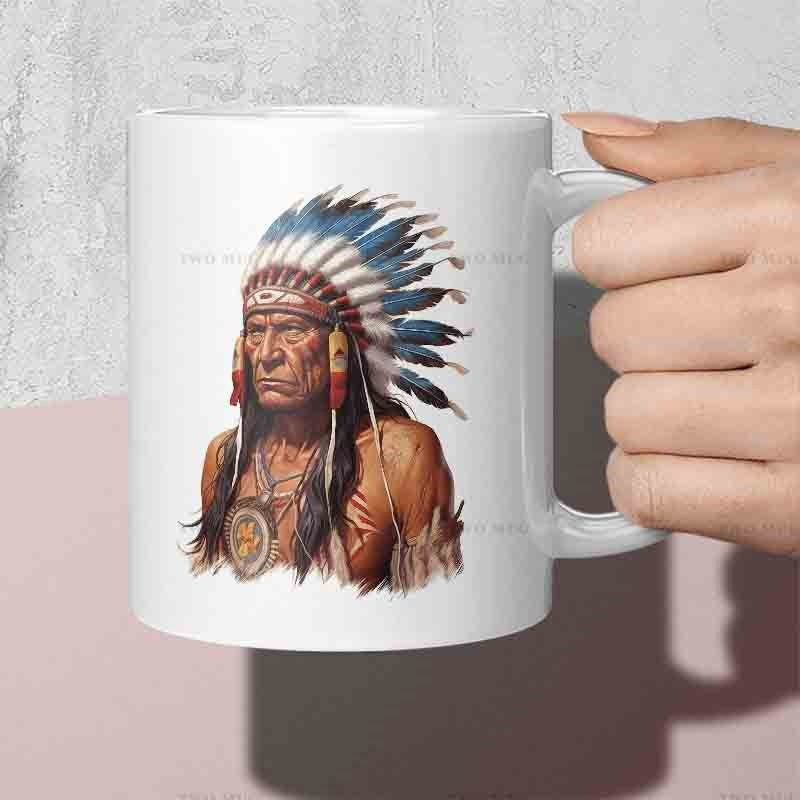 Tailorly White Ceramic 11 oz Mug - Majestic Native American Warrior Wearing Traditional Blue And White Feathered War Bonnet Chief