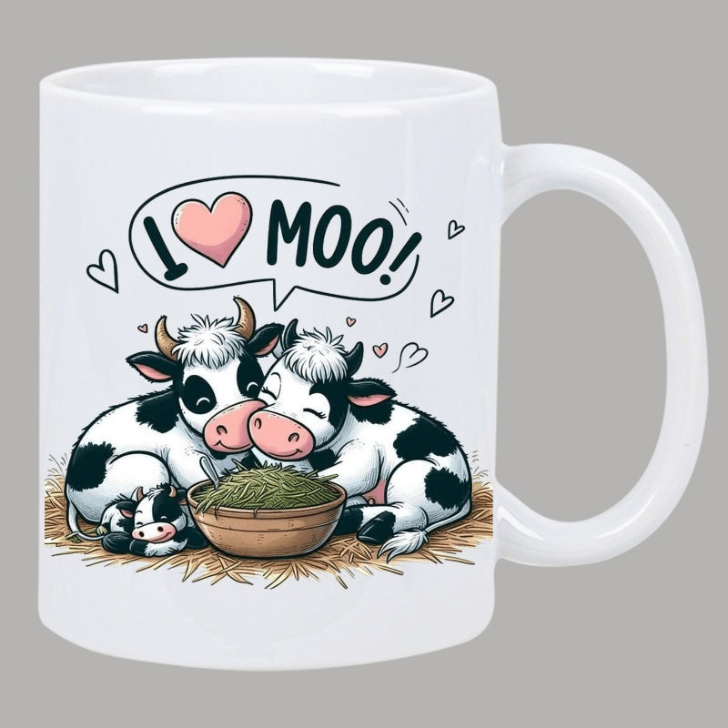 Tailorly White Ceramic 11 oz Mug - I Moo Adorable Cuddling Cartoon Spotted Farm Animals Resting In Soft Hay Cow