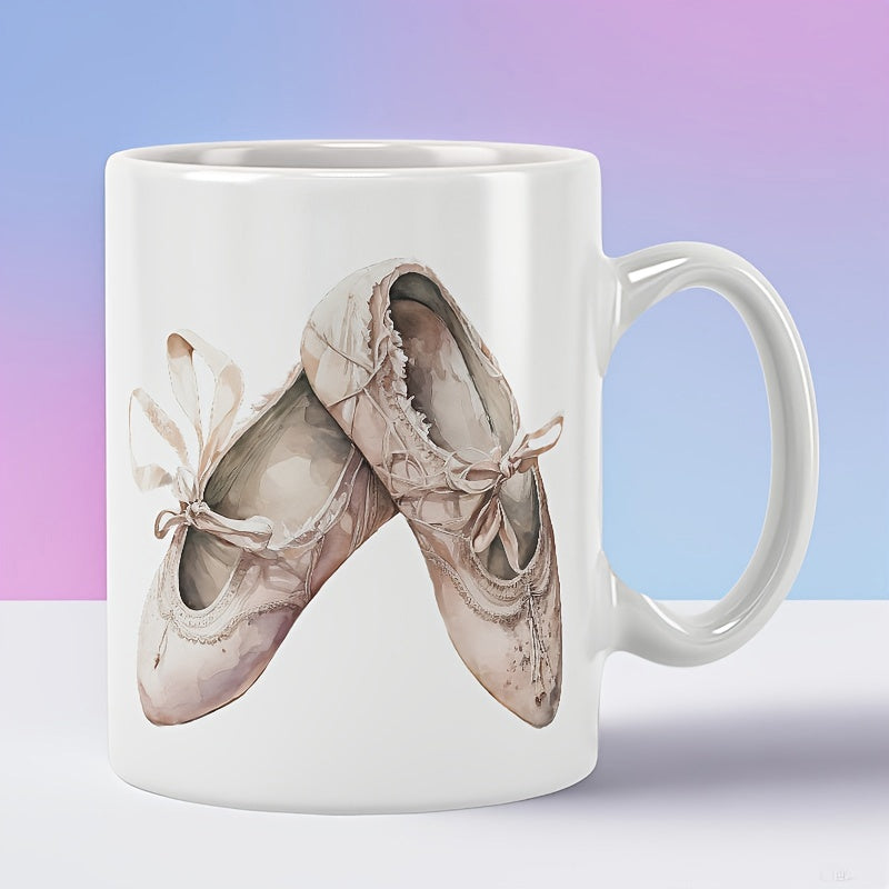 Tailorly White Ceramic 11 oz Mug - Elegant Watercolor Pink Ribbons Resting Gently Ballet Shoes