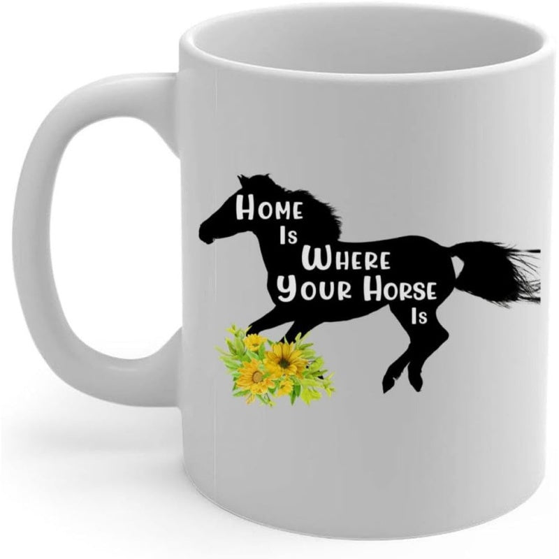 Tailorly White Ceramic 11 oz Mug - Home Is Where Your Horse Is Majestic Black Silhouette Jumping Over Bright Yellow Blooming Sunflowers Horse