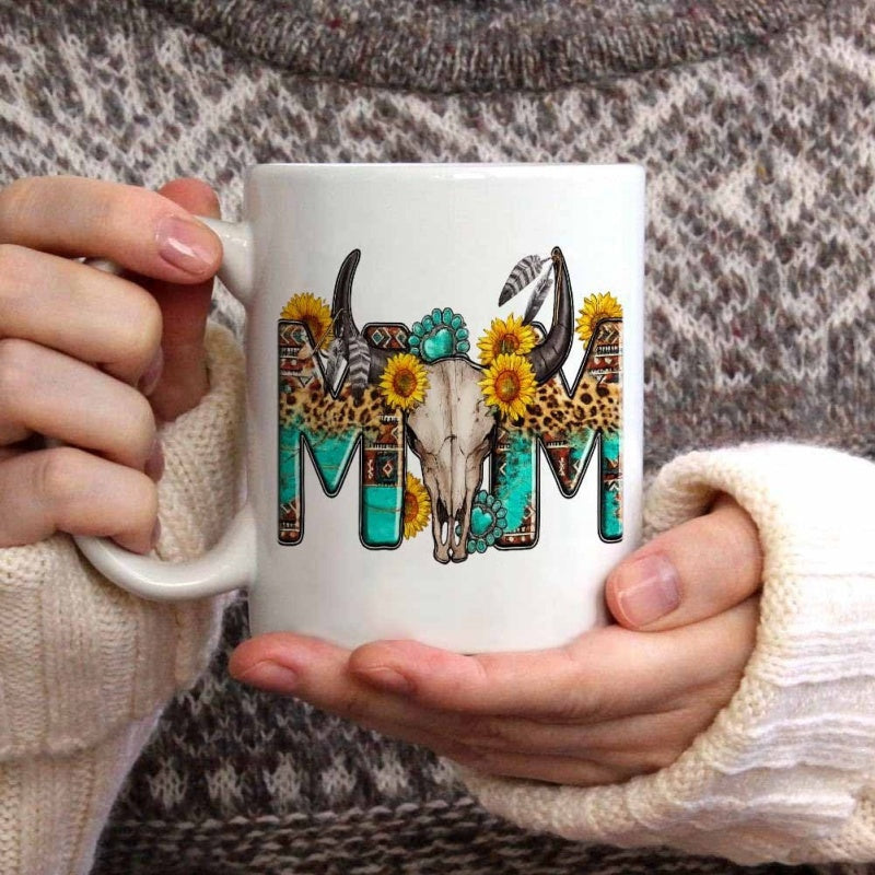 Tailorly White Ceramic 11 oz Mug - Mom Western Boho Bull Skull With Sunflowers Leopard Print And Turquoise Accents Bull Skull