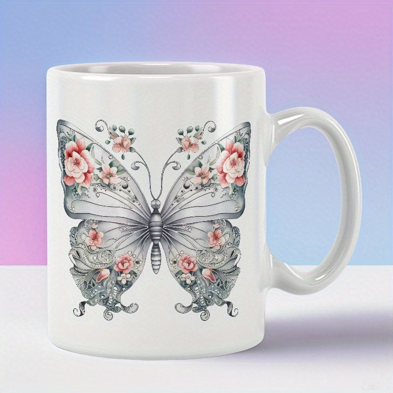 Tailorly White Ceramic 11 oz Mug - Intricate Wings Decorated With Pink Flowers Among Delicate Hand Drawn Lines Butterfly