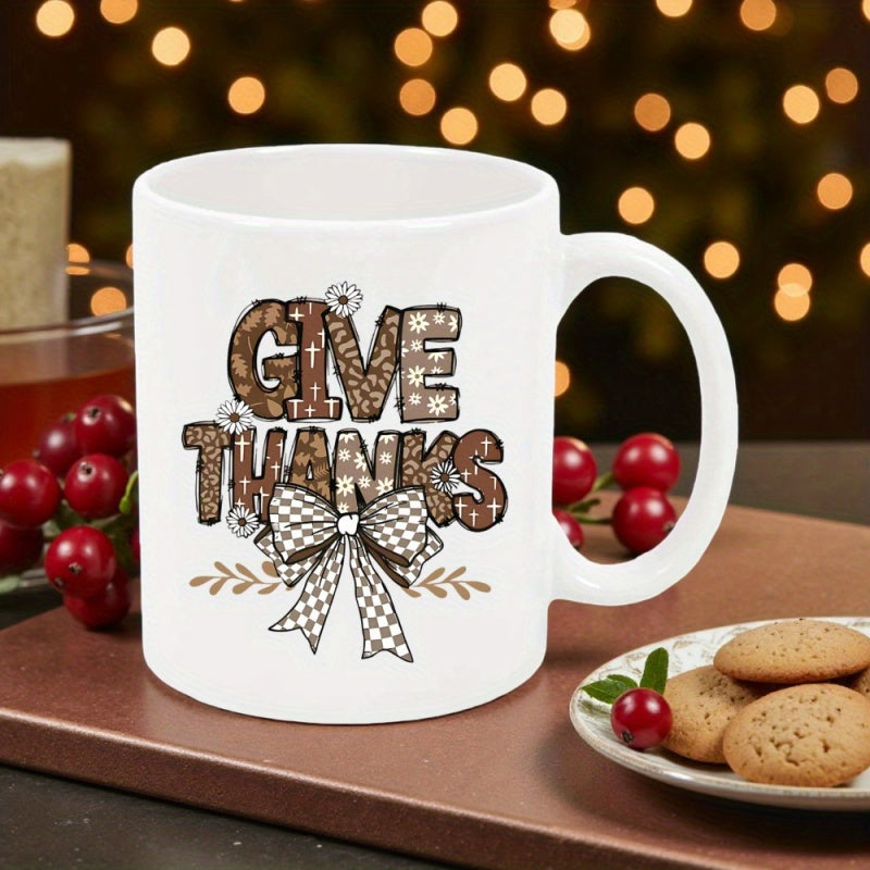Tailorly White Ceramic 11 oz Mug - Give Thanks Festive Seasonal Pattern With Decorative Letters And A Large Gingham Bow Mug