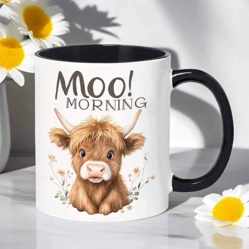 Tailorly Black Accent 11 oz Mug - highland cow with "moo morning" text