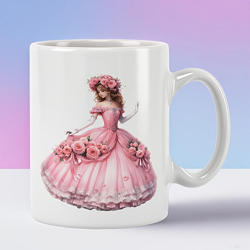 Tailorly White Ceramic 11 oz Mug - Elegant Victorian Style Ball Gown Adorned With Blooming Pink Roses Graceful Girl