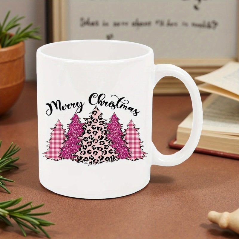 Tailorly White Ceramic 11 oz Mug - Merry Christmas Vibrant Pink Leopard And Plaid Textures Featuring A Cluster Of Festive Trees