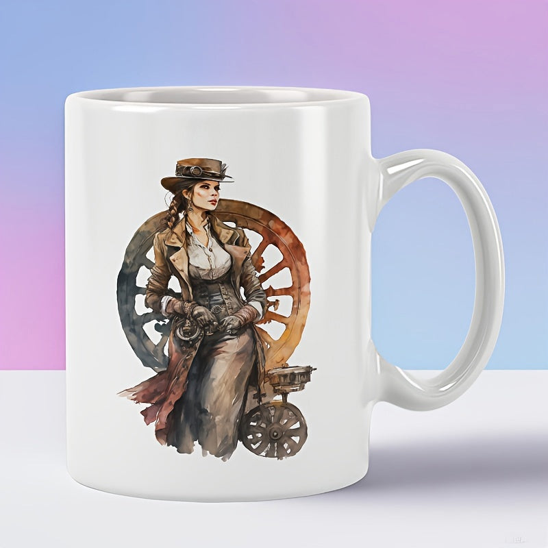 Tailorly White Ceramic 11 oz Mug - Vintage Victorian Lady Standing Before Large Mechanical Gears In Earthy Tones Steampunk Woman