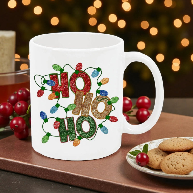 Tailorly White Ceramic 11 oz Mug - Ho Ho Ho Festive Sparkling Glittering String Lights Wrapped Around Colorful Seasonal Holiday Mug