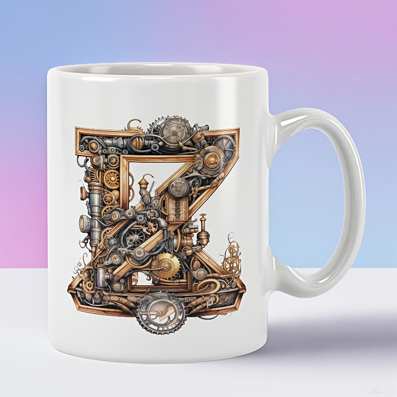 Tailorly White Ceramic 11 oz Mug - Intricate Mechanical Gears And Bronze Pipes Forming A Vintage Industrial Steampunk Letter Z