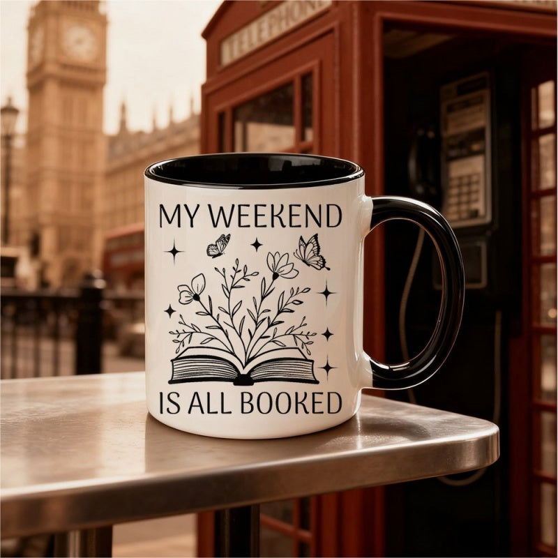 Tailorly Black Accent 11 oz Mug - my weekend is all， whimsical floral branches butterflies