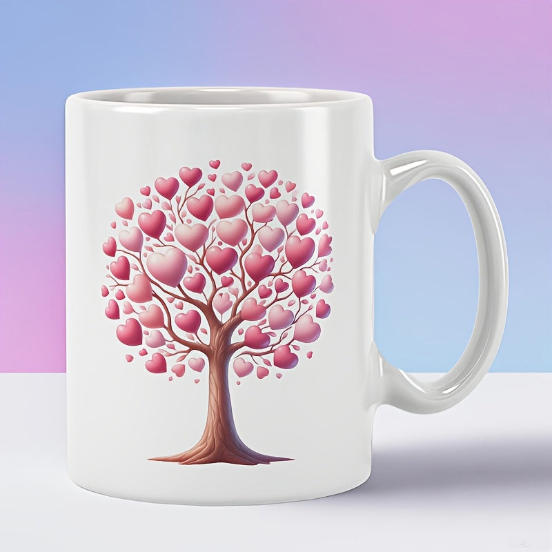 Tailorly White Ceramic 11 oz Mug - Graceful Blooming Branches Bearing Pink Hearts Under Gentle Radiant Light Tree