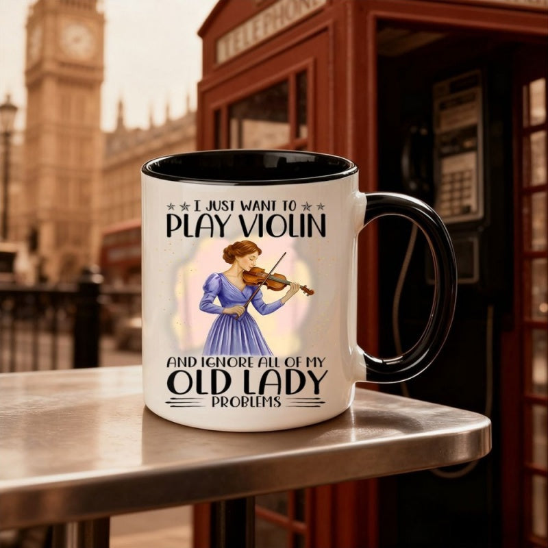 Tailorly Black Accent 11 oz Mug - woman playing violin illustration