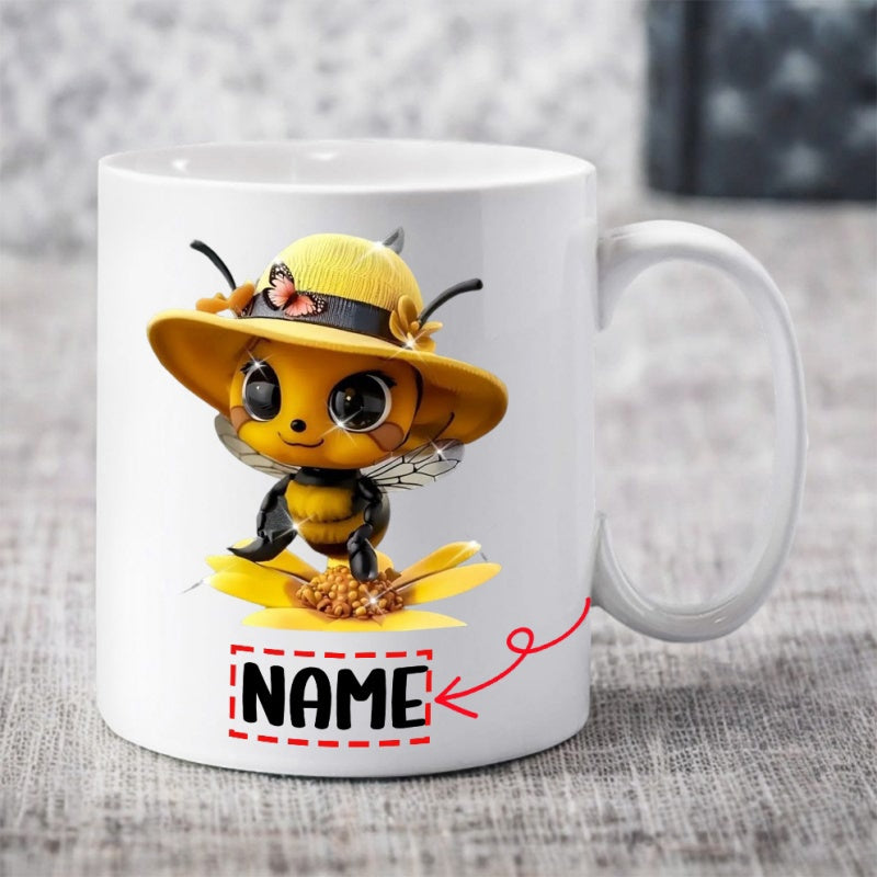 Tailorly White Ceramic 11 oz Mug - Name Charming Little Bee Wearing Sunny Hat Among Blossoming Petals Bee