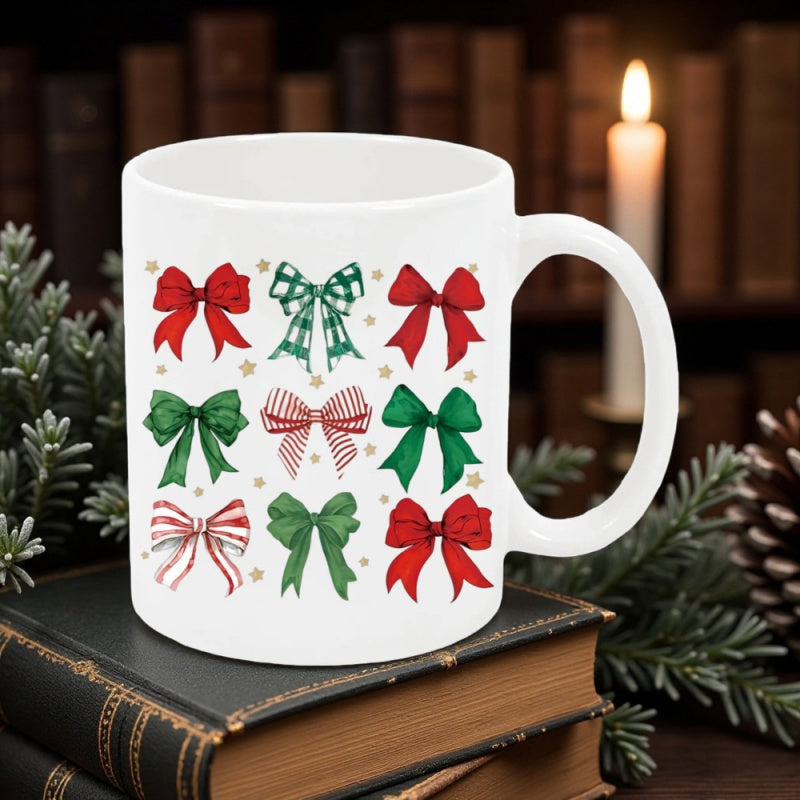 Tailorly White Ceramic 11 oz Mug - Festive Red And Green Christmas Ribbons Arranged In Grids Bow