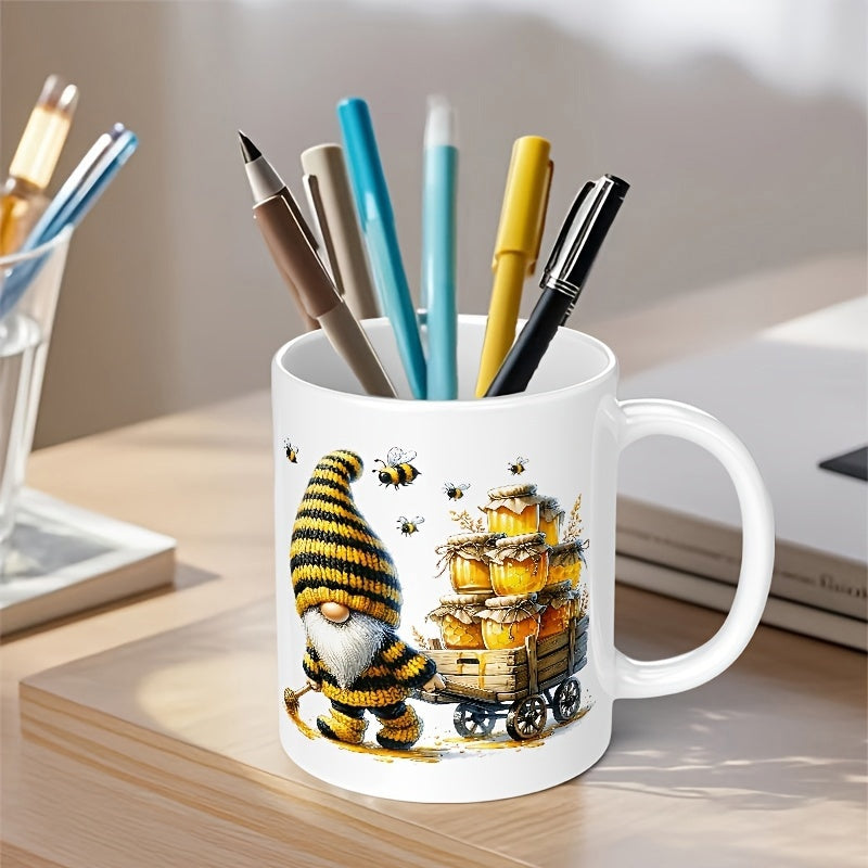 Tailorly White Ceramic 11 oz Mug - Charming Striped Bee Patterned Figure Pulling A Rustic Honey Filled Cart Gnome