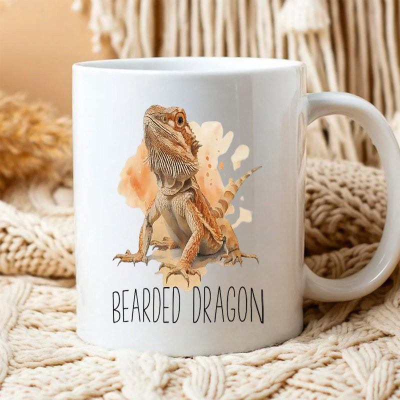 Tailorly White Ceramic 11 oz Mug - Bearded Dragon Artistic Watercolor Desert Reptile Resting Within Subtle Warm Tones Lizard