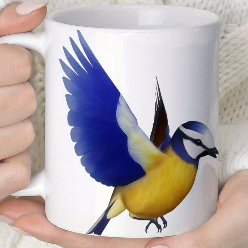Tailorly White Ceramic 11 oz Mug - Vibrant Blue Wings And Yellow Breast Flying Through The Air Bird