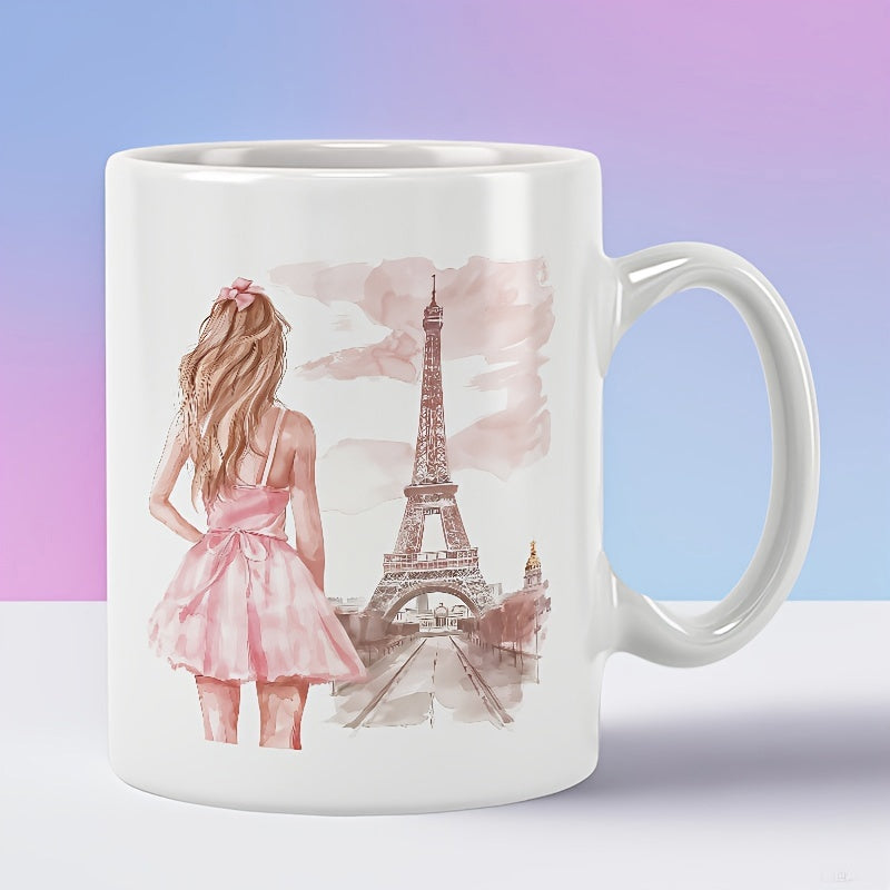 Tailorly White Ceramic 11 oz Mug - Watercolor Illustration Of A Girl In Pink Dress Admiring The Scenic Eiffel Tower