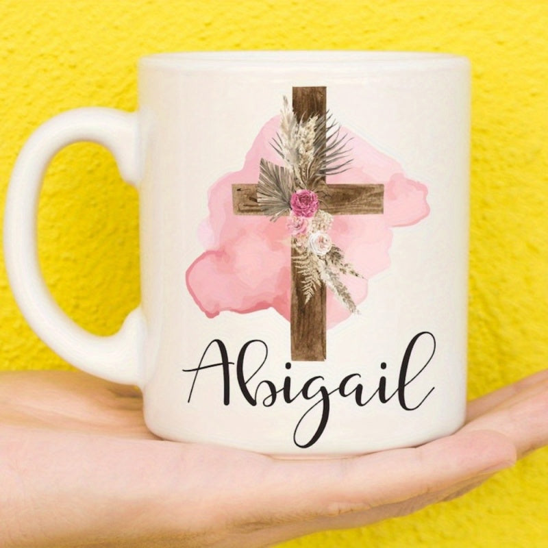 Tailorly White Ceramic 11 oz Mug - Abigail Pink Watercolor Splash Featuring Floral Wooden Textured Spiritual Cross