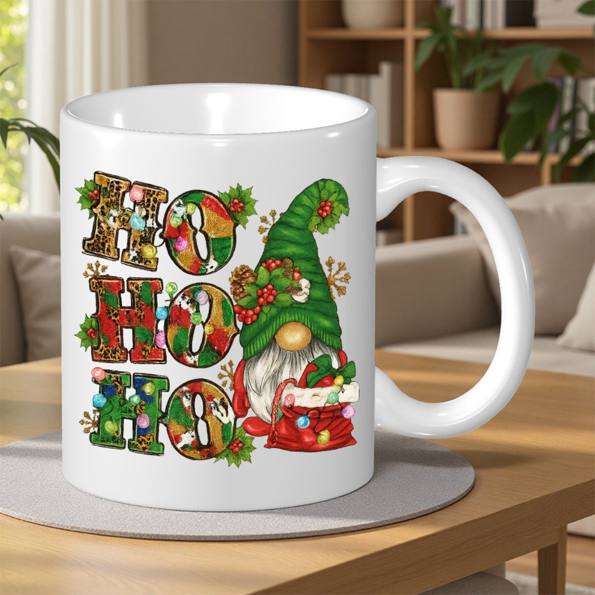 Tailorly White Ceramic 11 oz Mug - Ho Ho Ho Festive Christmas Character Wearing A Tall Green Hat Gnome