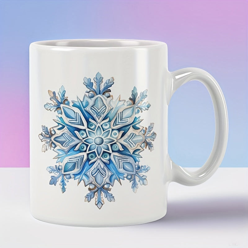 Tailorly White Ceramic 11 oz Mug - Intricate Blue Crystal Patterns Glistering On A Winter Themed Ceramic Snowflake